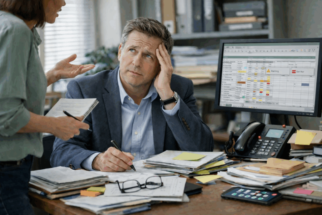 Stressed Businessman at his desk feeling overwhelmed